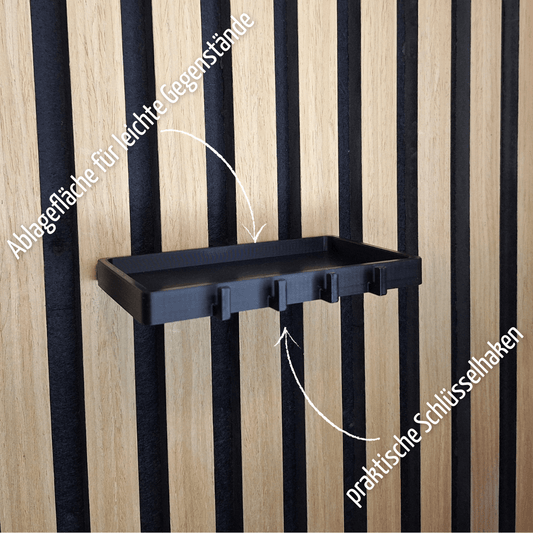 Ablage für Akustikpaneele mit Schlüsselhaken – Montage ohne Bohren