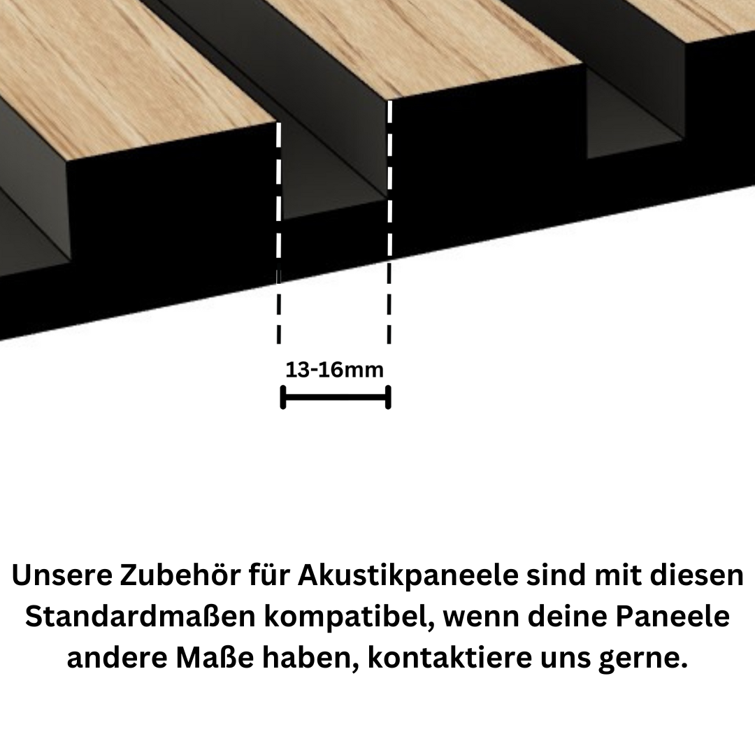 Infografik der Standardabmessungen für Akustikpaneele mit einer Nutbreite von 13-16 mm. Kompatibles Zubehör und Haken für Holzlamellen ohne Bohren.