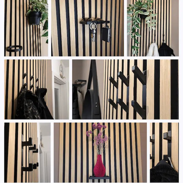 Sortiment an Zubehör für Akustikpaneele: Haken, Ablagen und Deko ohne Bohren montiert