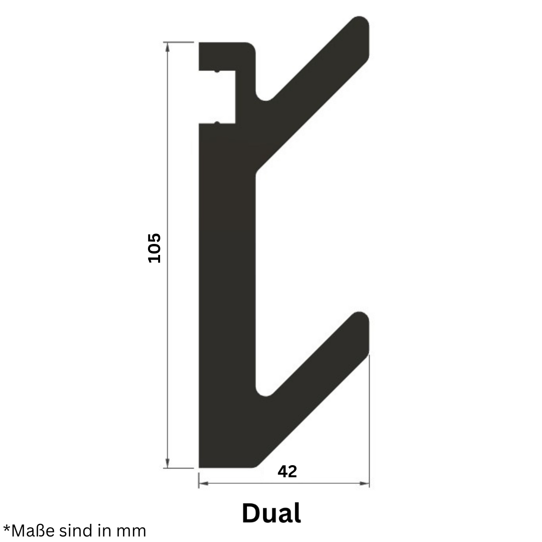 Technische Zeichnung mit Maßen in mm für Akustikpaneele Haken – Passend für Standard-Lamellen - Dual Zackig