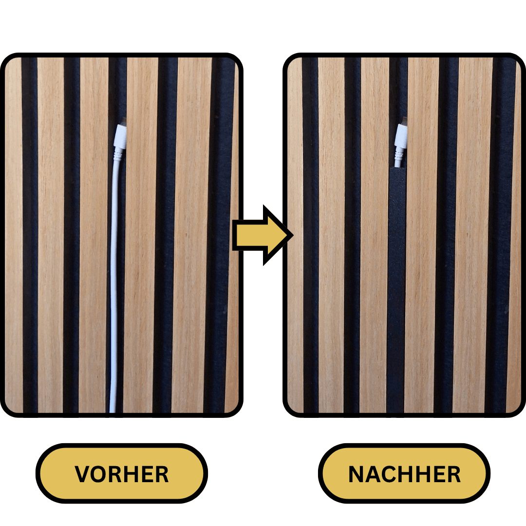 Vorher-Nachher Vergleich: Kabel verstecken am Akustikpaneel für eine cleane Optik