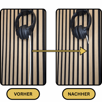 Vergleich: Kopfhörer-Ladestation am Akustikpaneel mit und ohne Kabelabdeckung